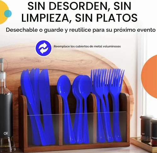 Vista 5 de Party Solids 200 piezas de cubiertos de plástico - Cubiertos desechables resistentes en azul oscuro
