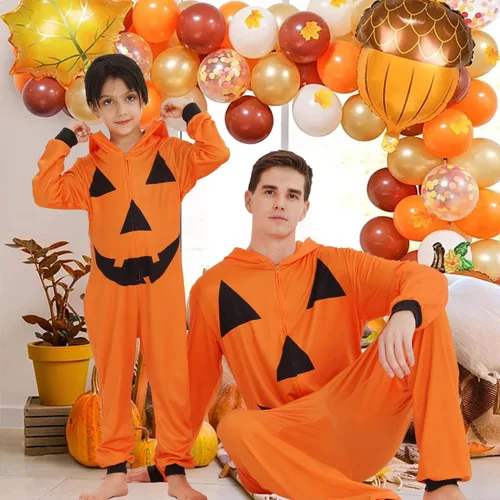 Vista 4 de ANGELGGH Pijama de Halloween a juego para la familia, pijamas de vacaciones para mujereshombresniñosparejas, lindo disfraz de calabaza para descansar