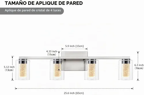 Vista 2 de SADENICEL Accesorios de iluminación de baño de 4 luces, níquel cepillado, LED regulable blanco/neutro/cálido, luces de tocador de baño de cristal