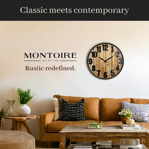 Vista 8 de Montoire Reloj de pared de granja de madera de 24 pulgadas, extra grande para decoración de sala de estar - Grandes relojes rústicos redondos