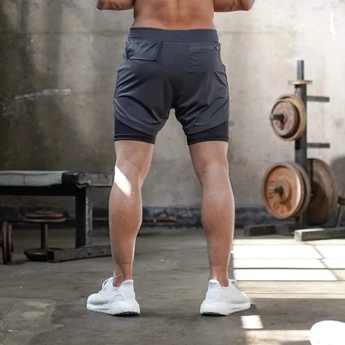 Vista 5 de BOOMLEMON Pantalones cortos de entrenamiento 2 en 1 para hombre con lazo para toalla