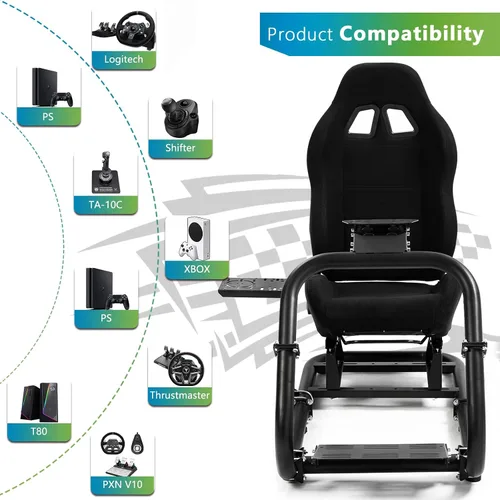 Vista 7 de Hottoby Racing Simulator Cockpit With Black Seat Fit for Logitech I Thrustmaster I FANATEC G29,G920,G923 T300 Shifter Platform Upgrade,Double Arm