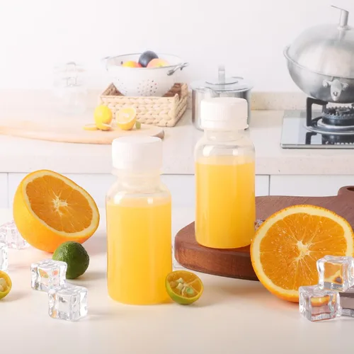 Vista 6 de zmybcpack Paquete de 24 botellas de jugo de plástico de polipropileno de 3.4 fl oz resistentes al calor con tapas, botellas de chupito de plástico