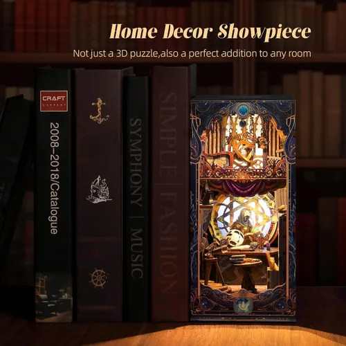 Vista 5 de FUNPOLA Kit de rompecabezas de madera 3D para rincón de lectura, estante con mapa estelar de astrología con luces LED, decoración