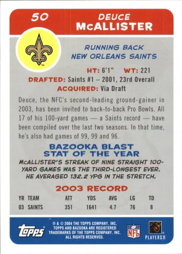 Vista 2 de 2004 Bazooka #50 Deuce McAllister NFL Fútbol Trading Card