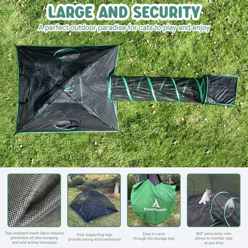 Vista 4 de Pawtenda Carpas portátiles 3 en 1 para gatos al aire libre, tiendas de campaña para gatos Catio Green para exteriores, tiendas de campaña para gatos