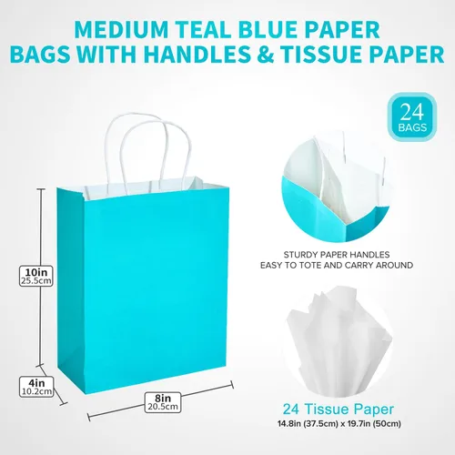 Vista 4 de DjinnGlory Paquete de 24 bolsas de regalo de papel azul turquesa de tamaño mediano con asas de 10 x 8 x 4 pulgadas y 24 papel de seda para Verde