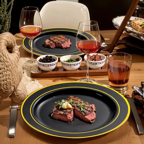 Vista 3 de bUCLA Juego de vajilla desechable de 600 piezas, color negro y dorado, platos de plástico negro desechables para fiestas, incluye 100 platos