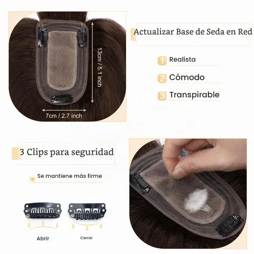 Vista 4 de SEGO Toppers para el cabello para mujer, cabello humano real con flequillo, 2.8 x 5.1 in, base de seda, 100% cabello humano Remy, clip en la parte