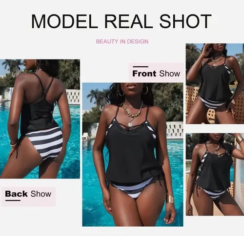 Vista 4 de Dokotoo Conjunto de tankini con estampado de rayas de moda para mujer 2023 (S-3XL)