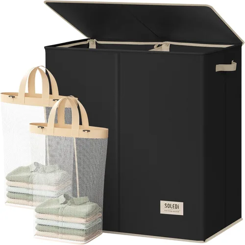 Vista 17 de SOLEDI Cesta de lavandería grande doble con tapa, cesta de ropa plegable de 2 secciones con bolsas extraíbles, cesta de lavandería que ahorra
