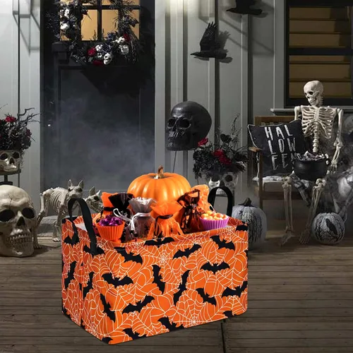 Vista 4 de Cesta de almacenamiento de Halloween, diseño de tela plegable con diseño de araña, murciélago y calabaza, con asas de cuero, organizador de estante