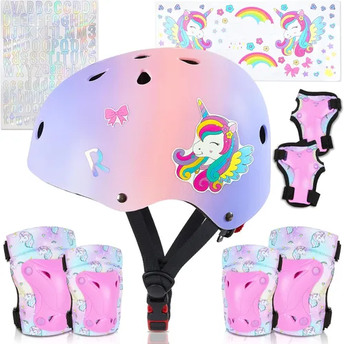 Vista 10 de Casco para niños, casco de bicicleta para niños pequeños con pegatinas DIY Unicornio, rodilleras y coderas ajustables, juego de protección para Rosa
