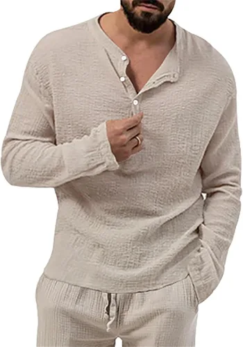 Vista 3 de Camisa Henley con botones para hombre, cuello redondo, ligera, de manga larga, casual, holgada, transpirable, a la moda