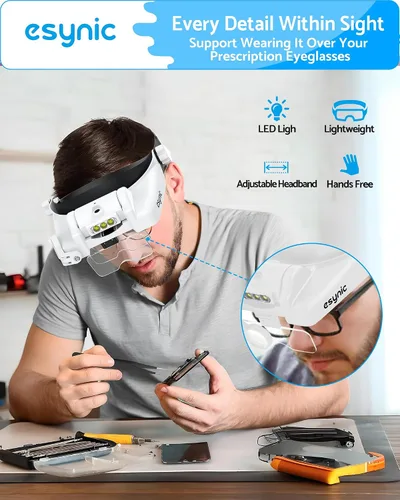 Vista 2 de eSynic Lupas recargables tipo C con aumento de hasta 14 aumentos con 5 lentes intercambiables, 3 luces LED con 2 niveles de brillo ajustables, Blanco