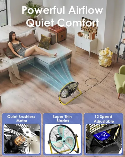 Vista 4 de Ventilador de suelo portátil de 14 pulgadas, ventilador de campamento inalámbrico para exteriores, ventilador recargable de larga duración