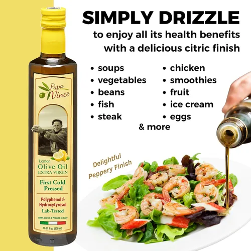 Vista 5 de Papa Vince Aceite de Oliva Virgen Extra - Primero prensado en frío, Aceite de oliva rico en polifenoles (AOVE). Agrumato de limón, sin filtrar