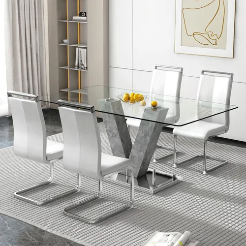 Vista 35 de Juego de mesa de comedor de cristal de 71 pulgadas para 4, juego de mesa de cocina moderno para 4, juego de mesa de comedor para el hogar