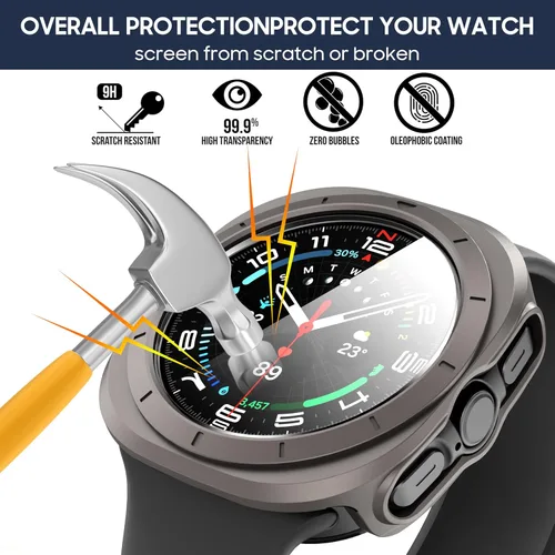 Vista 5 de Suoman 5+5 Pack para Samsung Galaxy Watch 7/8 Ultra 47mm (2024/2025) Estuche, Protector de pantalla de vidrio templado 9H + Funda protectora de PC