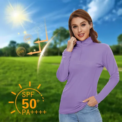 Vista 4 de CRYSULLY Camisas de manga larga para mujer, protección solar, cremallera de 14, de verano, de secado rápido