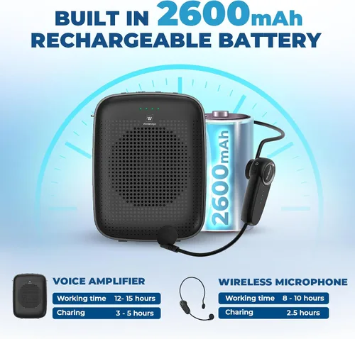 Vista 4 de Amplificador de voz inalámbrico Bluetooth para profesores - Mini amplificador portátil de 15 W con micrófono inalámbrico, micrófono personal