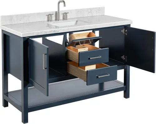 Vista 10 de ARIEL Bayhill - Tocador de baño con lavabo de 54 pulgadas, madera maciza, encimera de mármol italiano de Carrara de 1.5 pulgadas, fregadero Azul