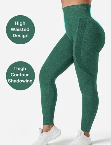 Vista 4 de QOQ Leggings sin costuras para mujer, cintura alta, para gimnasio, correr, yoga, levantamiento de glúteos, mallas de entrenamiento con control