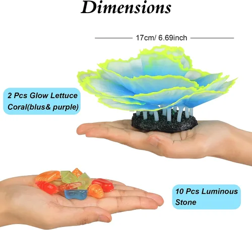 Vista 3 de Decoraciones brillantes para pecera, decoración de acuario brillante, adornos de coral, 2 plantas de flores de silicona y 10 piezas de conchas