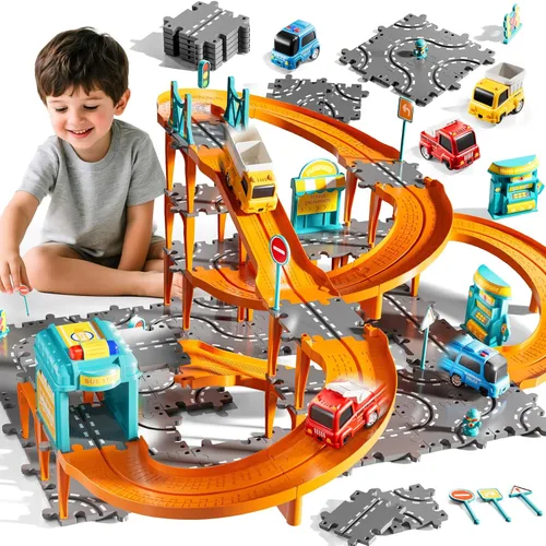 Vista 10 de Puzzle Racer - Juego de pistas de autos para niños, pistas de carreras de 4 niveles para niños de 3 a 5 años con 3 autos, piezas de tráfico