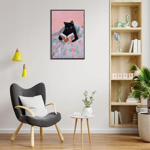 Vista 6 de Pósters divertidos de gatos negros con estilo funky Gatos de mascota leyendo en la cama Arte de pared en lienzo Impresiones de animales preppy