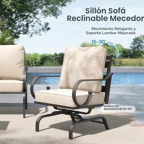Vista 2 de PHI VILLA Patio Furniture Set with 4 Rocking Chairs & Fire Pit, Beige