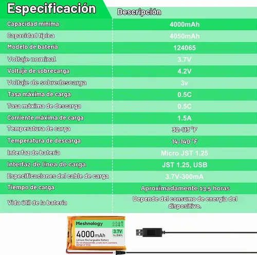 Vista 7 de Batería Li de 3.7 V 4000 mAh con cable de cargador USB 124065 1S LiPo batería con placa de protección, cinta de goma aislada y enchufe micro JST