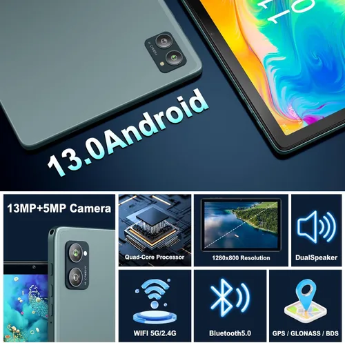 Vista 4 de AISLPC Tablet Android 14 de 10.1 Pulgadas, 8GB RAM 128GB ROM 512GB Expand WiFi Tablets PC, Pantalla HD de 1280 * 800, Cámara Dual 5+13MP, Bluetooth