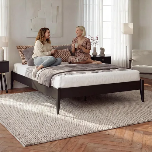 Vista 8 de Bme Dinkee - Marco de cama de plataforma Queen de madera de 15 pulgadas, marco de cama de madera maciza, estilo moderno y minimalista, soporte de 12