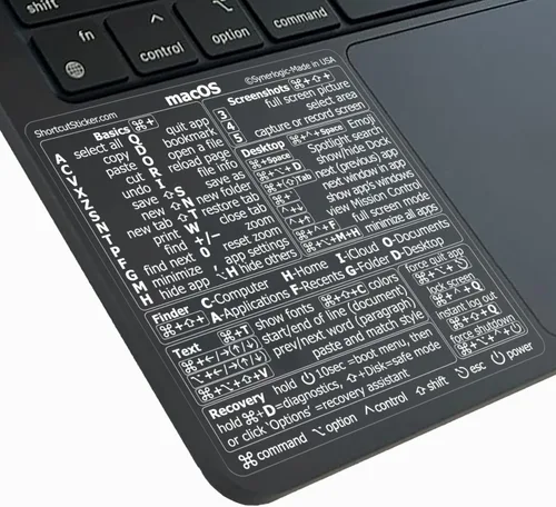 Vista 9 de Synerlogic Pegatina de accesos directos de Mac OS Calcomanías de teclado para macOS Hoja de trucos de vinilo laminado para MacBook para Negro