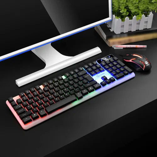 Vista 6 de Teclado y mouse para juegos con cable, teclado mecánico luminoso con sensación de mano, teclado portátil iluminado para computadora, computadora