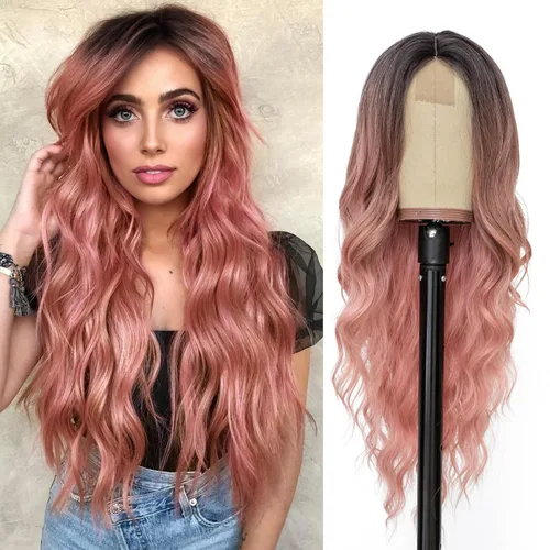 Vista 27 de NAYOO Peluca larga ondulada rubia ombré para mujer, de 26 pulgadas, parte media, rizada, ondulada, de aspecto natural, fibra sintética resistente al