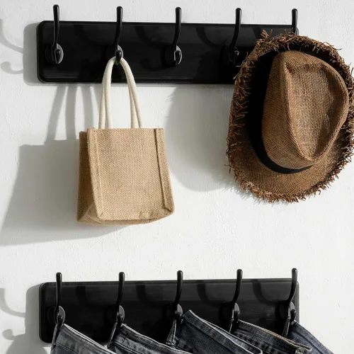 Vista 4 de SKOLOO Perchero rústico montado en la pared, perchero de madera maciza de pino, 5 ganchos para colgar ropa, batas, toallas, abrigos