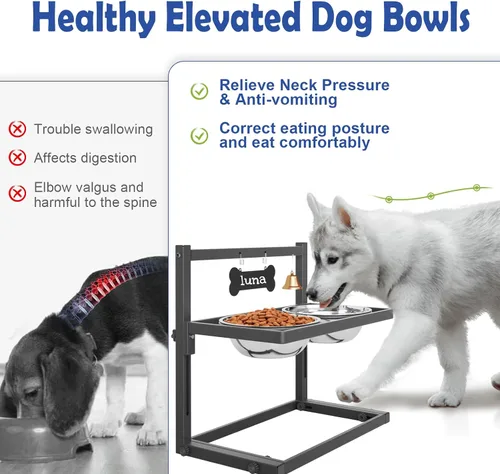 Vista 5 de Cuencos elevados para perros medianos y pequeños, 5 alturas ajustables, soporte elevado para perros con 2 cuencos de comida de acero inoxidable