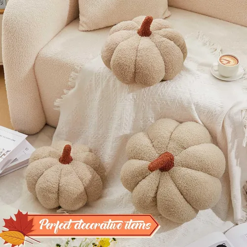 Vista 5 de Juexica 3 almohadas de calabaza de peluche esponjosas en 3D con forma de calabaza para decoración de otoño, Acción de Gracias, Halloween, cojín