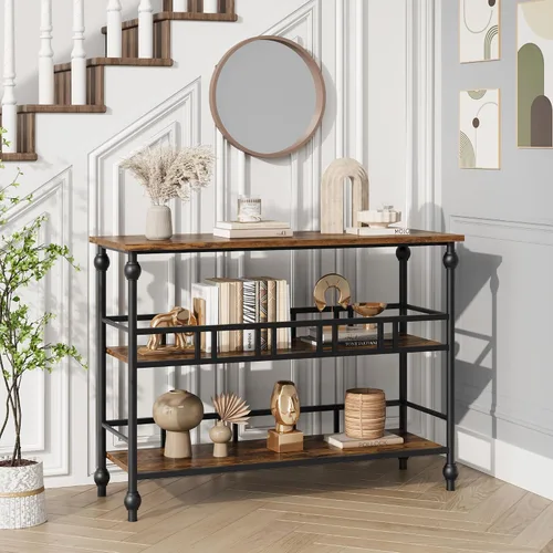 Vista 3 de IDEALHOUSE Mesa consola de 43 pulgadas, mesa auxiliar estrecha de 3 niveles con estantes, mesa de sofá para sala de estar, pasillo, dormitorio