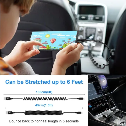 Vista 6 de Cable USB C a USB, Android Auto de 3 pies + 5 pies en espiral para automóvil, cable retráctil de carga rápida tipo C para Samsung Galaxy S26 Ultra