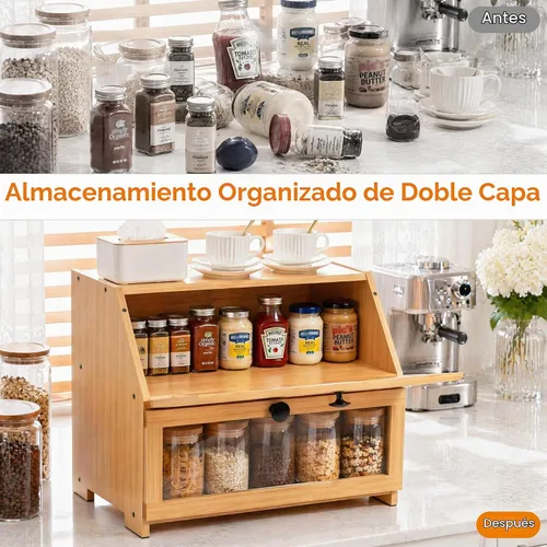 Vista 6 de Panera de bambú para encimera de cocina, contenedor grande de almacenamiento de pan recipiente portapanes de 2 capas para encimera de cocina Natural