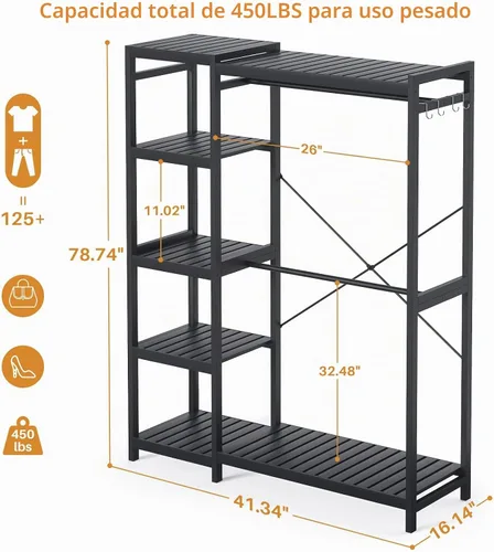 Vista 4 de Perchero de bambú para colgar ropa, perchero resistente con estantes ajustables de 7 niveles, varillas dobles, 4 ganchos, sistema de armario Negro
