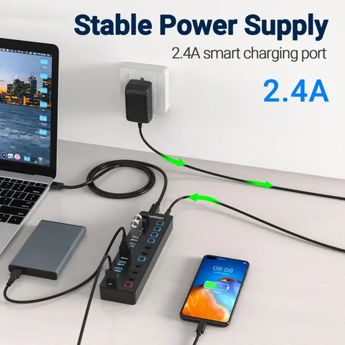 Vista 5 de Hub USB alimentado, divisor de concentrador USB 3.0 de 11 puertos, 10 puertos de transferencia de datos USB 3.0 + 1 puerto de carga inteligente