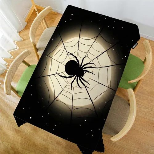 Vista 2 de Swono Mantel rectangular de Halloween de 52 x 70 pulgadas, diseño de araña negra de terror en telaraña, luna, resistente para mesas rectangulares