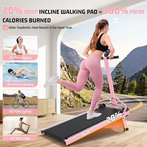 Vista 2 de [Usado] Manual Walking Pad Treadmill with Incline 20%, Foldable Treadmill with Handle Bar, 500lbs Capacity, Non-Electric Fixed Incline, Non-Slip
