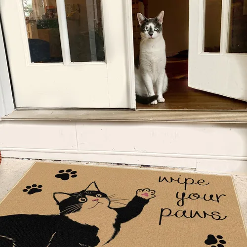 Vista 3 de Louise Maelys Wipe Your Paws Tapete de Puerta de Bienvenida Antideslizante, Divertidos Tapetes Delanteros de Gato Negro de Primavera Verano, Tapete