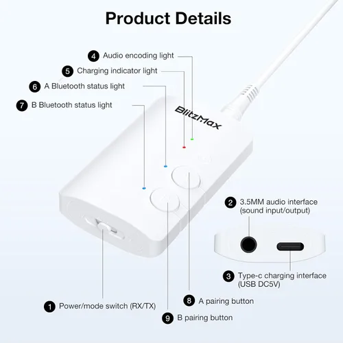 Vista 9 de Adaptador Bluetooth 5.3 Transmisor/receptor 2 en 1 Mini inalámbrico con cable de audio de 0.138 in, adaptador Bluetooth adaptativo AptX de doble