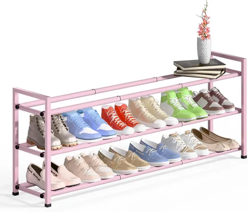 Vista 9 de Bumusty estante de zapatos de 2 niveles largo y expandible para clóset, estante de zapatos ajustable de 46-112 cm para entrada, estante organizador